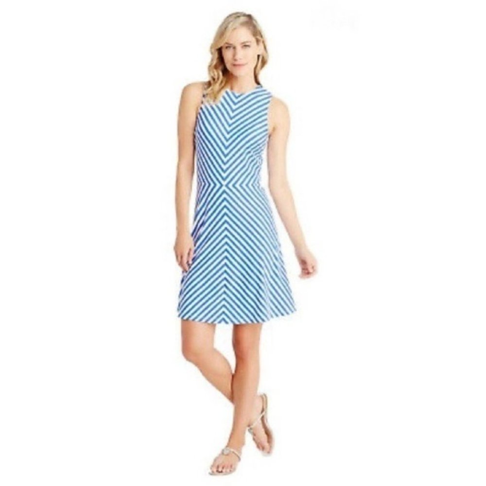J Mclaughlin Blue and White Courtney Chevron Striped Catalina Dress